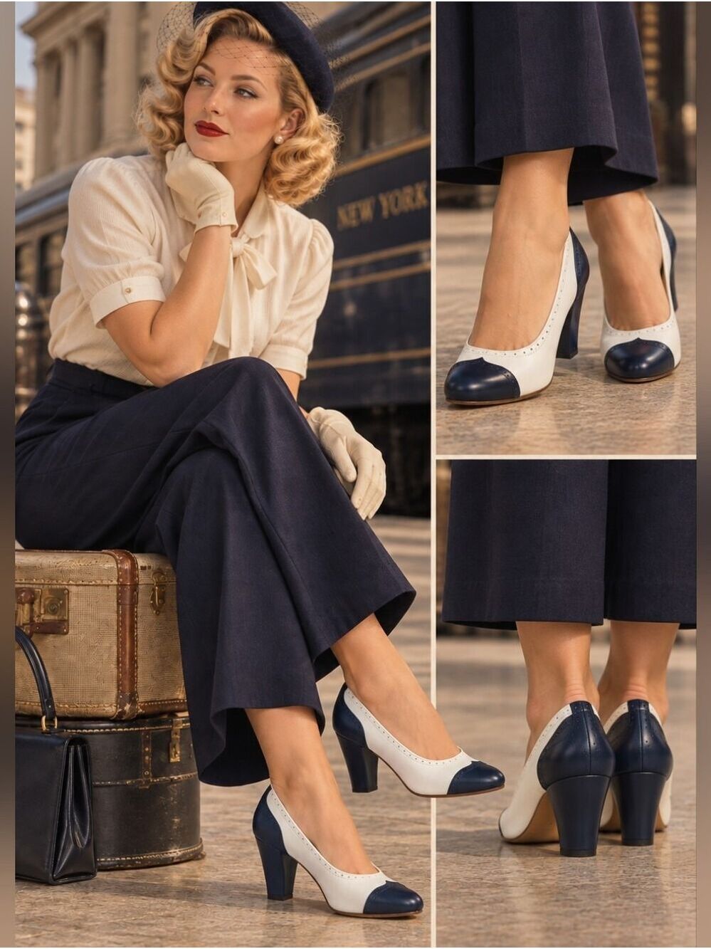 American Duchess Royal Vintage Navy Blue & White Peggy Spectator Pump, Size 10